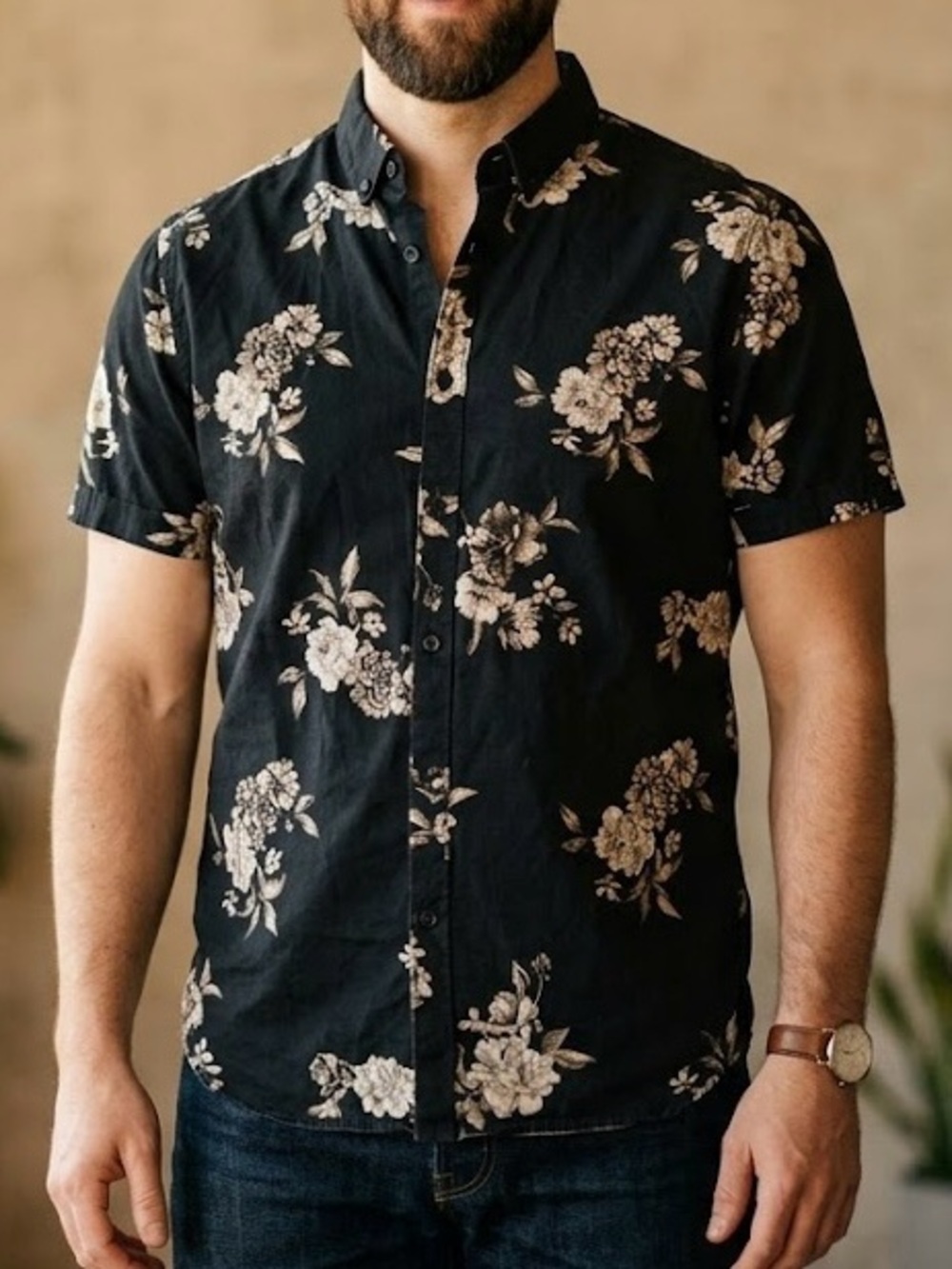 Denim & Flower Men’s Black & White Floral Short Sleeve Button Down Wedding Party